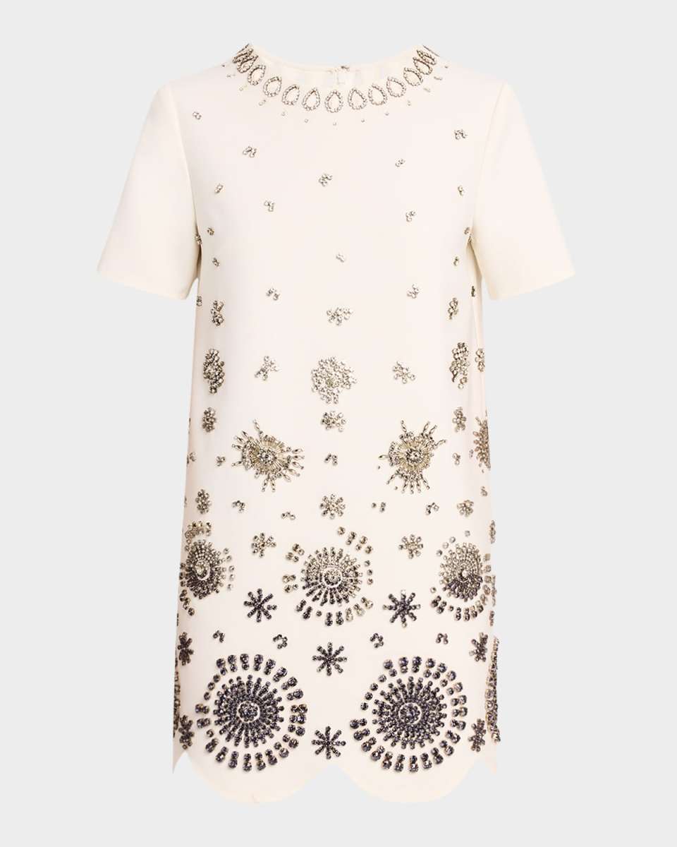 Crystal Embroidered Short-Sleeve Mini Cocktail Dress